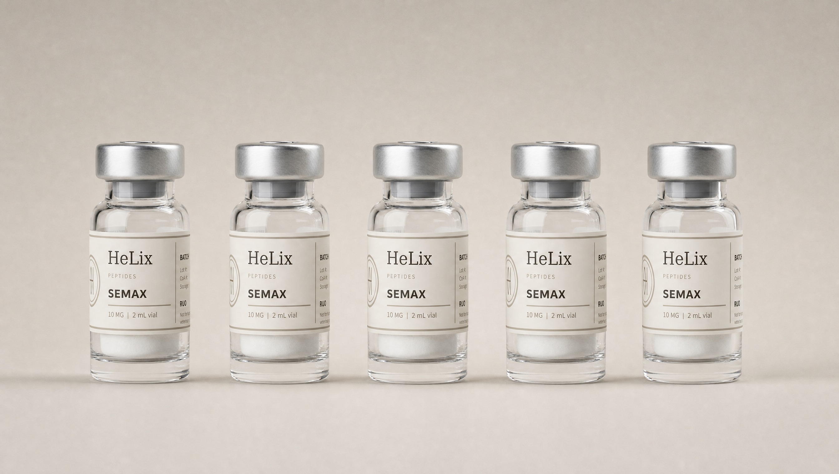 Five labelled vials